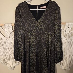 Traffic People Olive and Black Animal Print Long Sleeve Dress